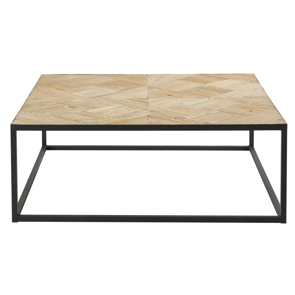 Table basse marquetée en orme recyclé et métal noir Table basse marquetée en orme recyclé et métal noir
