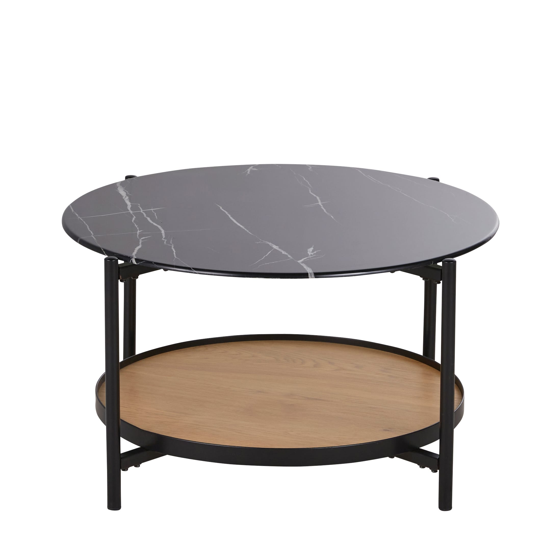 Table basse ronde en verre trempé imprimé imitation marbre et métal noir D75
