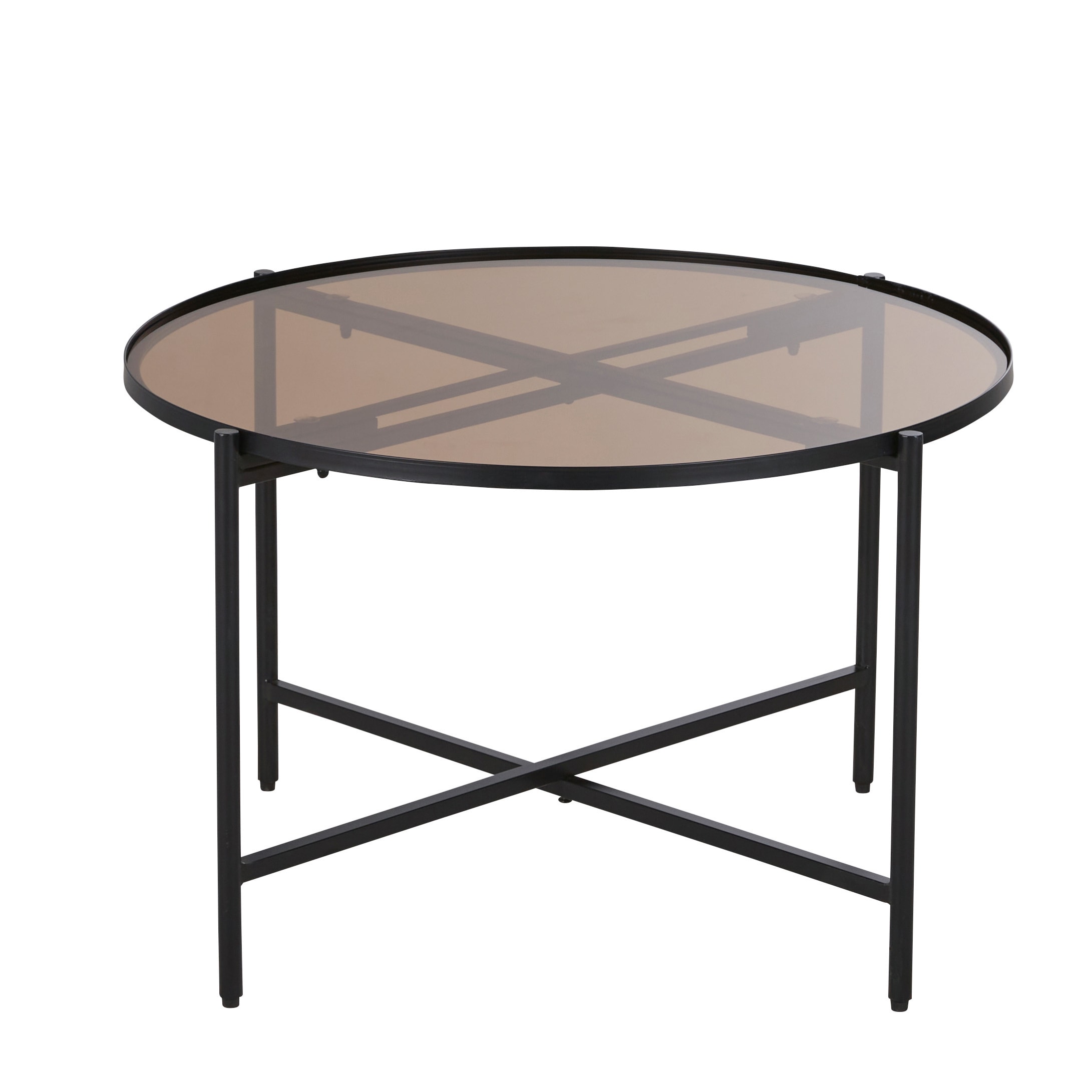 Table basse ronde en verre trempé marron et métal noir