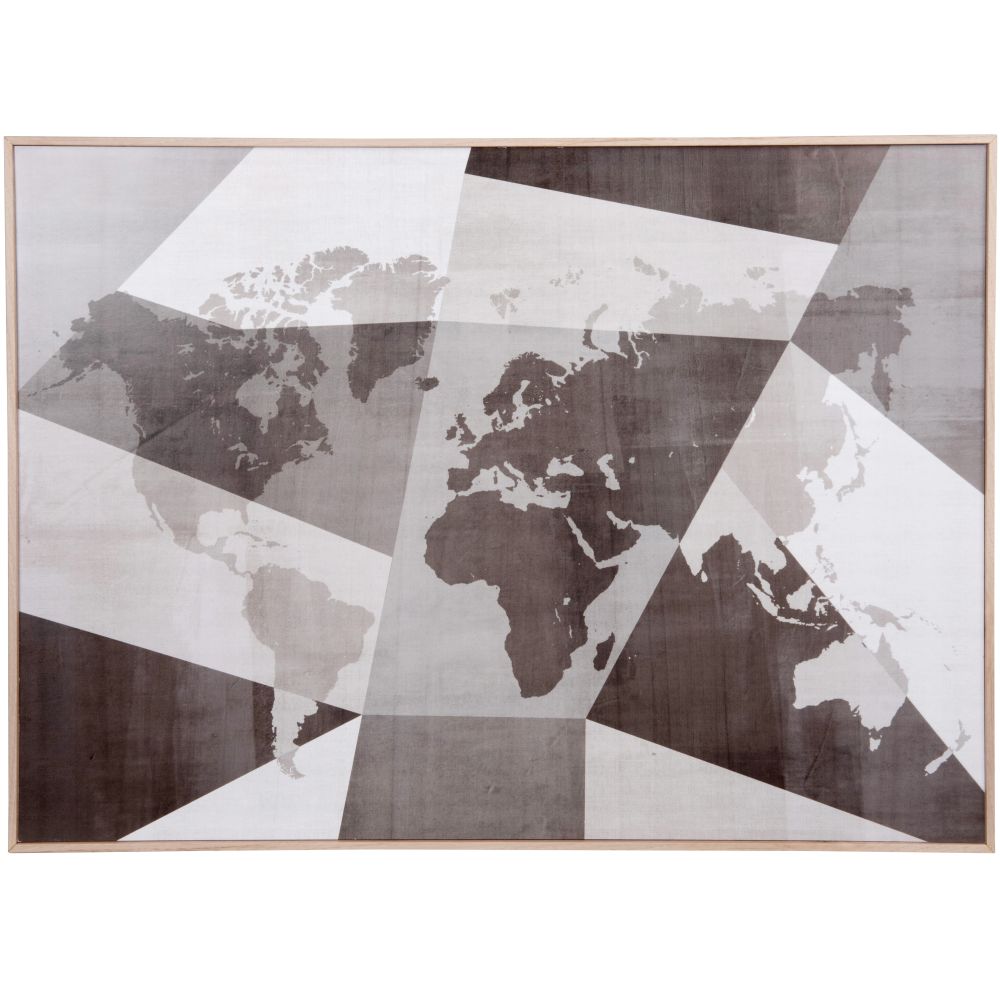 Tableau carte du monde et formes géométriques gris, noir, blanc