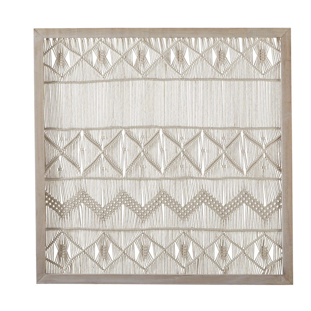 Tableau en pin blanchi et macramé blanc 91x91 Tableau en pin blanchi et macramé blanc 91x91