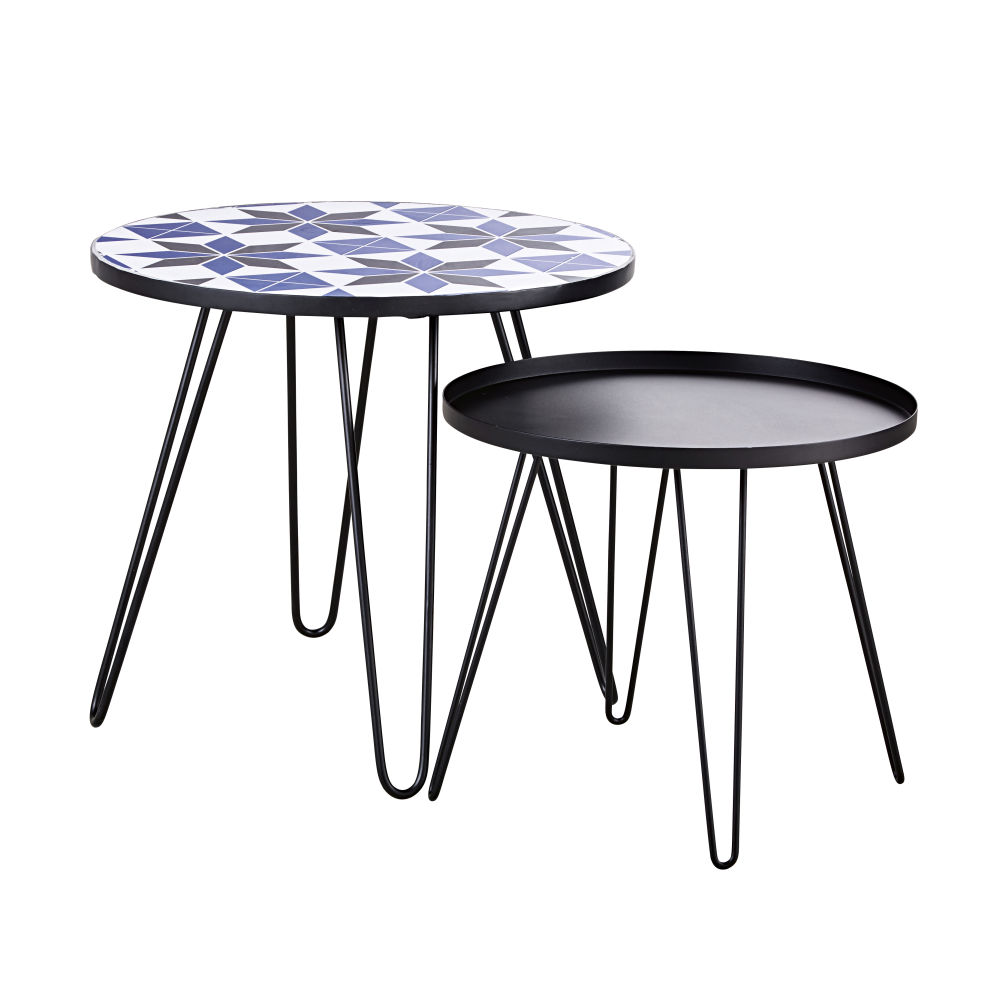 Tables basse de jardin en faïence à motifs et métal noir (x2)