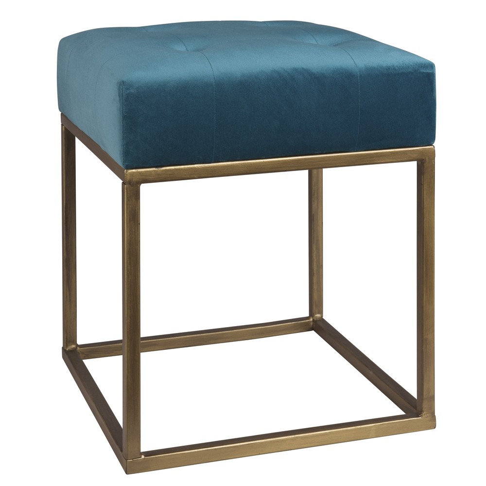 Tabouret capitonné bleu canard pieds en métal doré Tabouret capitonné bleu canard pieds en métal doré