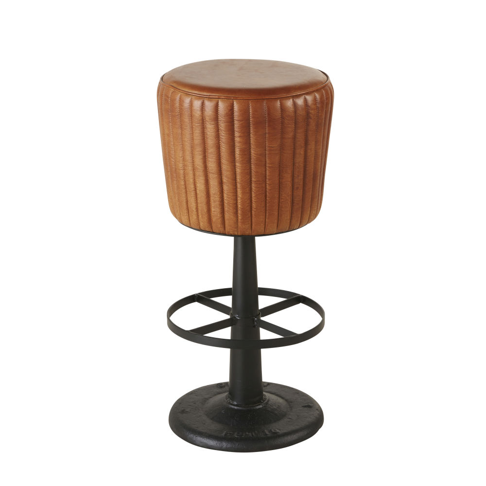 Tabouret de bar matelassé en cuir de buffle marron et métal noir Tabouret de bar matelassé en cuir de buffle marron et métal noir