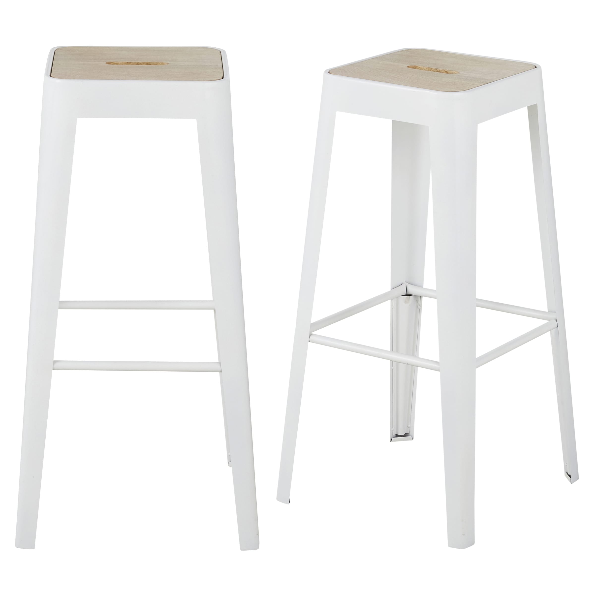 Tabourets pour îlot central en acier blanc et bois de manguier (x2) H69
