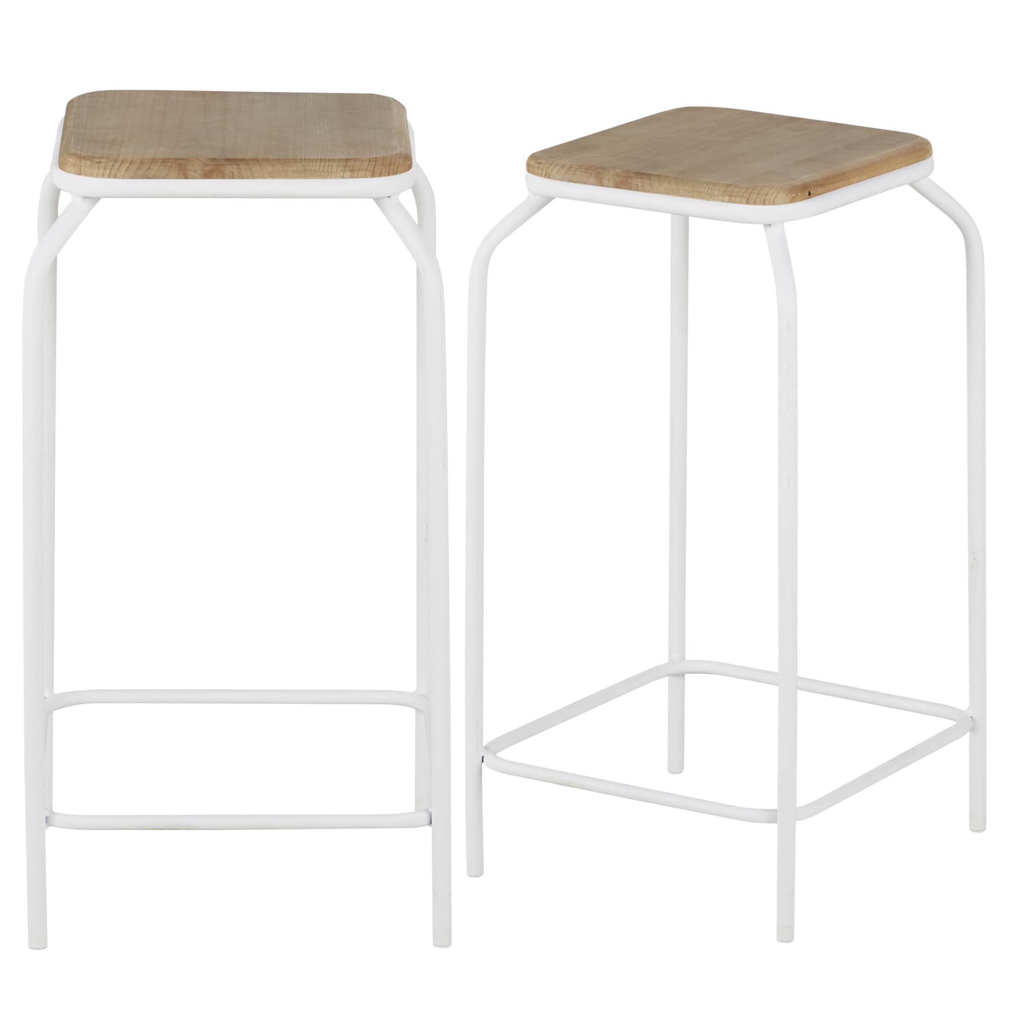 Tabourets pour îlot central en acier blanc et bois de sapin (x2) H65