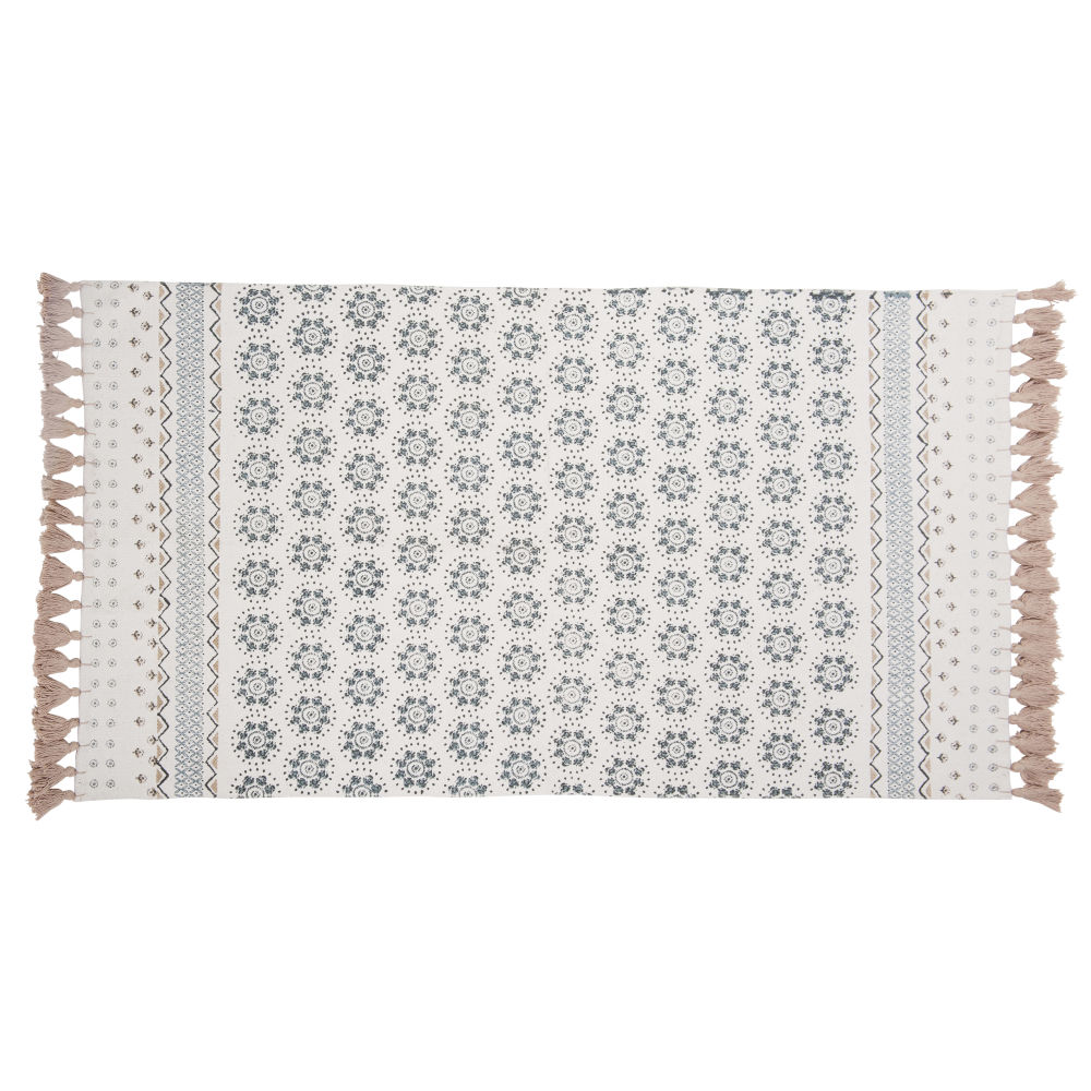 Tapis à franges en coton blanc motifs bleus 90x150cm