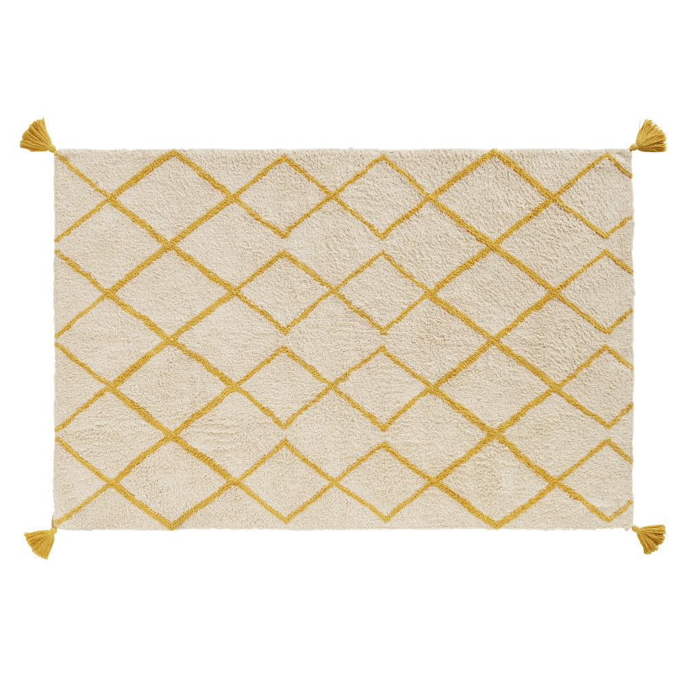 Tapis berbère en coton écru motifs graphiques jaune moutarde 120x180 Tapis berbère en coton écru motifs graphiques jaune moutarde 120x180