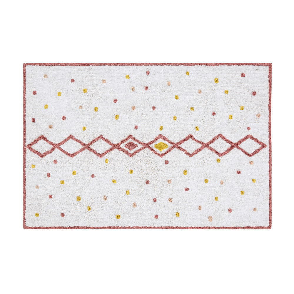 Tapis berbère en coton écru, rose et jaune moutarde à motifs 120x180 Tapis berbère en coton écru, rose et jaune moutarde à motifs 120x180