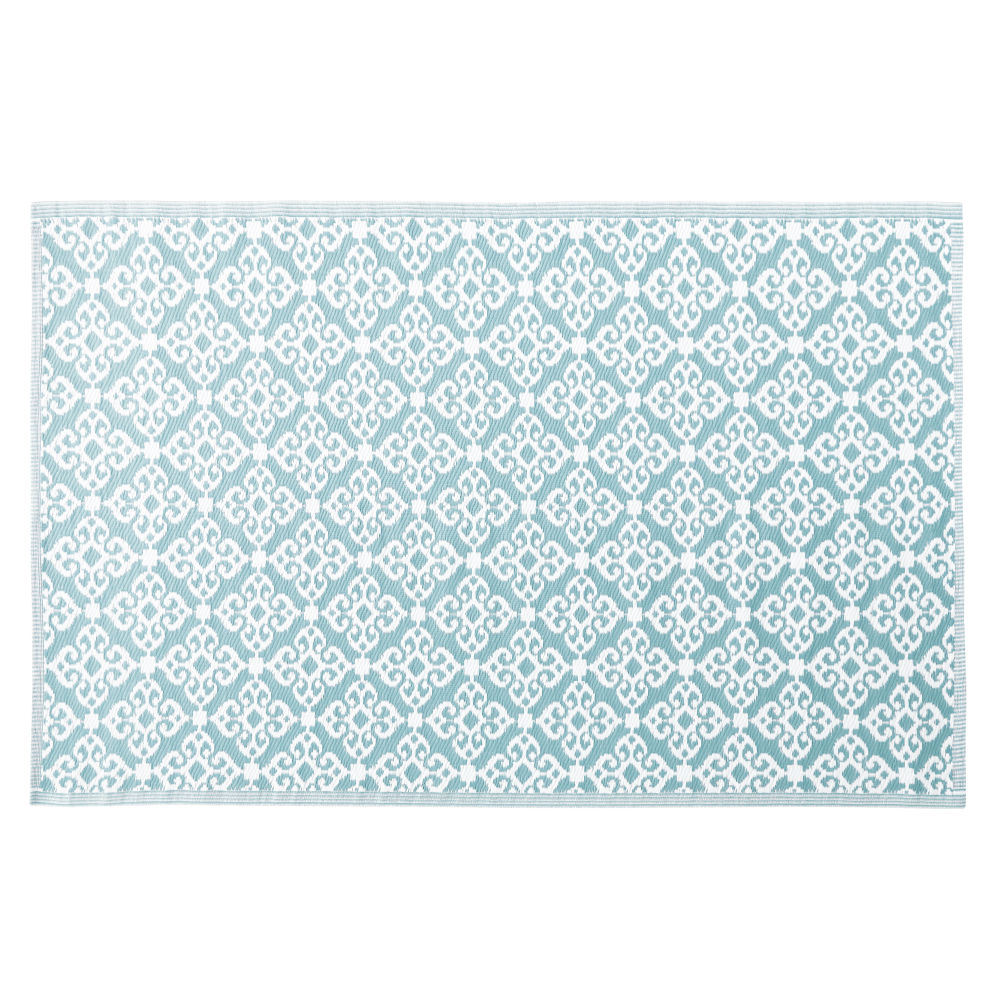 Tapis d'extérieur bleu motifs graphiques blancs 180x270