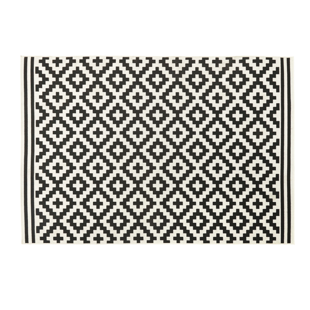 Tapis d'extérieur en polypropylène tissé motifs graphiques noirs et blancs 120x180