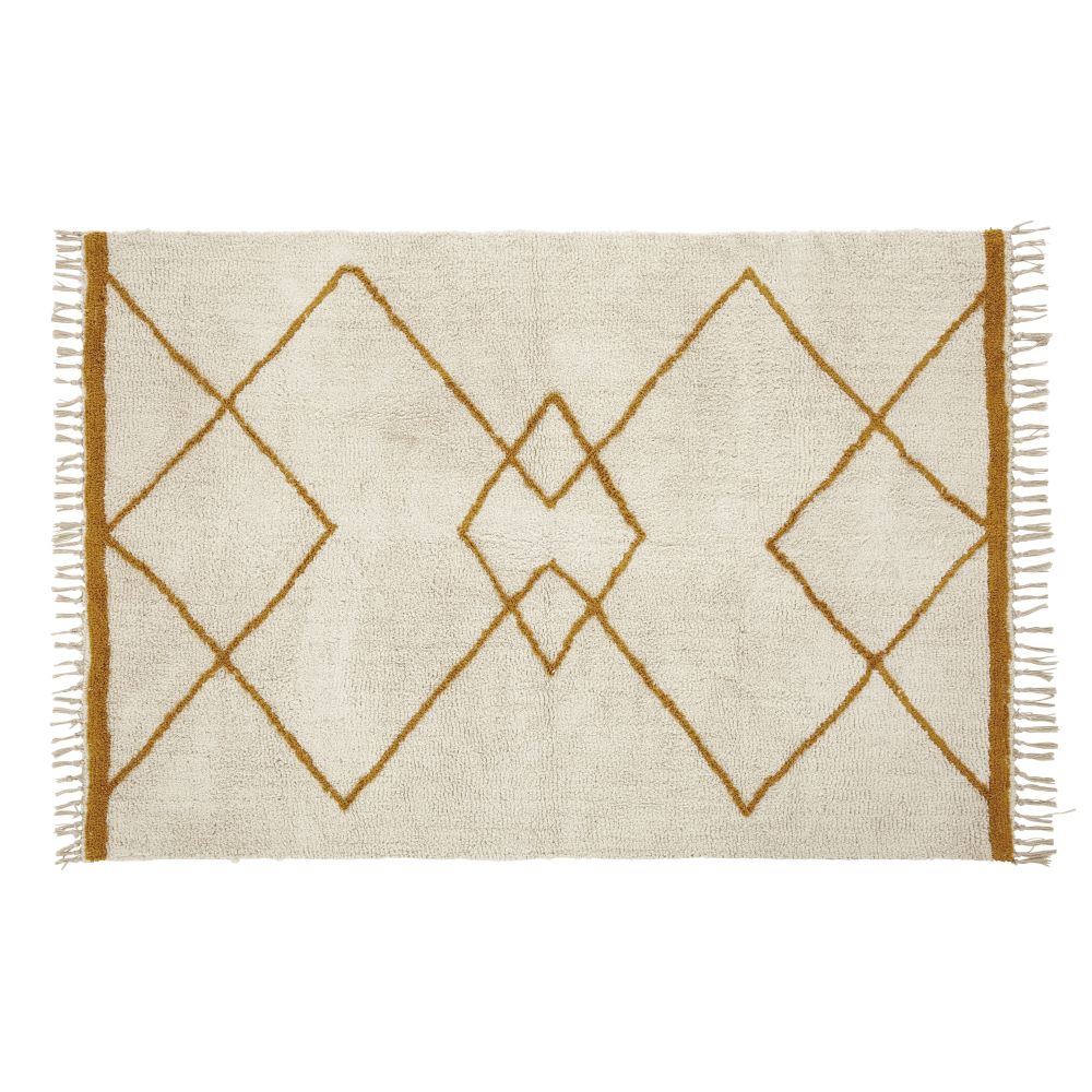 Tapis en coton recyclé écru et jaune à franges 140x200