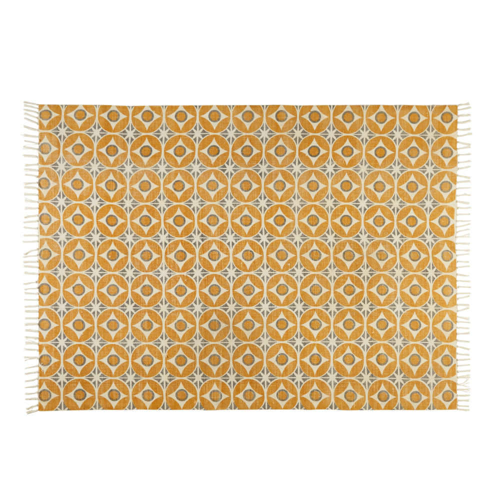 Tapis en coton recyclé motifs graphiques jaune moutarde et beiges 140x200