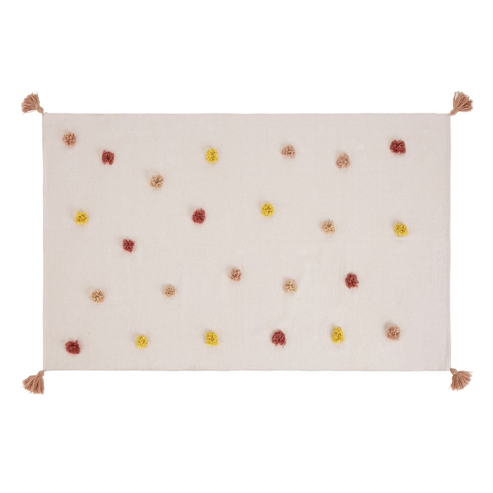 Tapis en coton rose, beige et jaune moutarde avec pompons en relief 120x180 Tapis en coton rose, beige et jaune moutarde avec pompons en relief 120x180