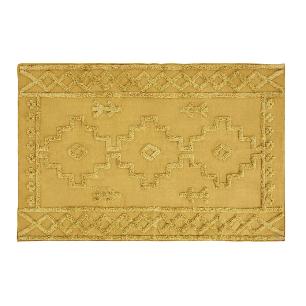Tapis en coton tissé jaune moutarde avec dessins en relief 120x180 Tapis en coton tissé jaune moutarde avec dessins en relief 120x180
