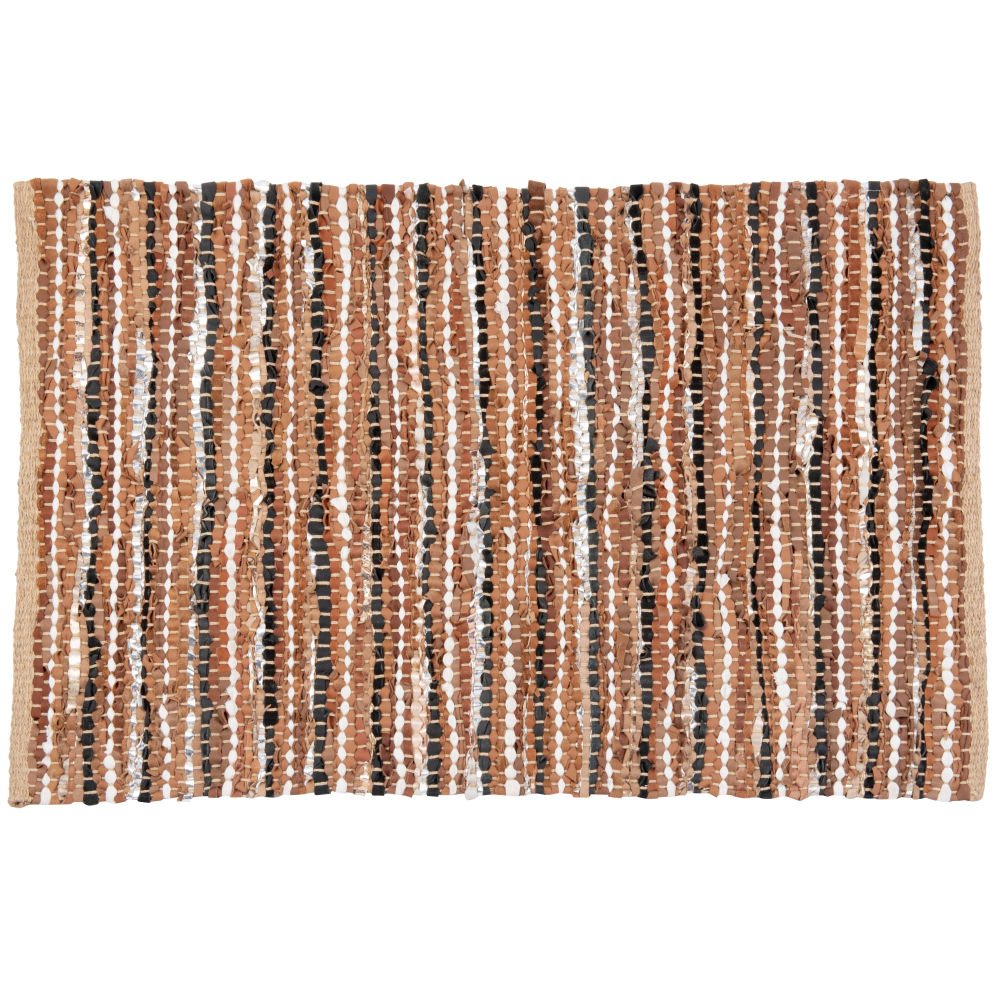 Tapis en cuir et coton tissé main noir, rouge, rose, beige et doré 60x90 Tapis en cuir et coton tissé main noir, rouge, rose, beige et doré 60x90