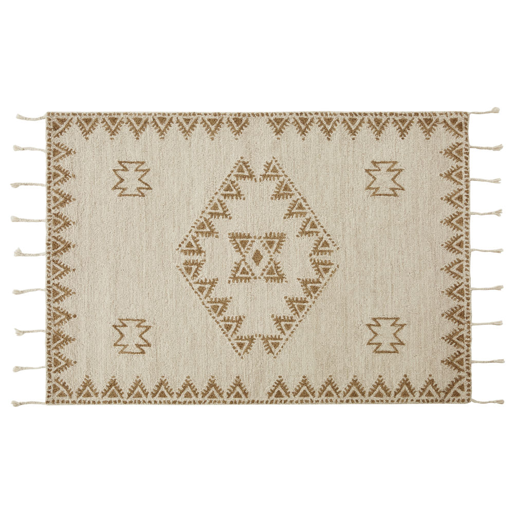 Tapis en laine noué main beige et écru avec franges tressées 140x200