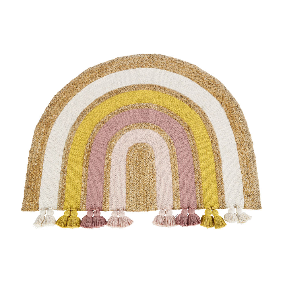 Tapis enfant arc-en-ciel en coton et jute multicolore à pompons 75x100