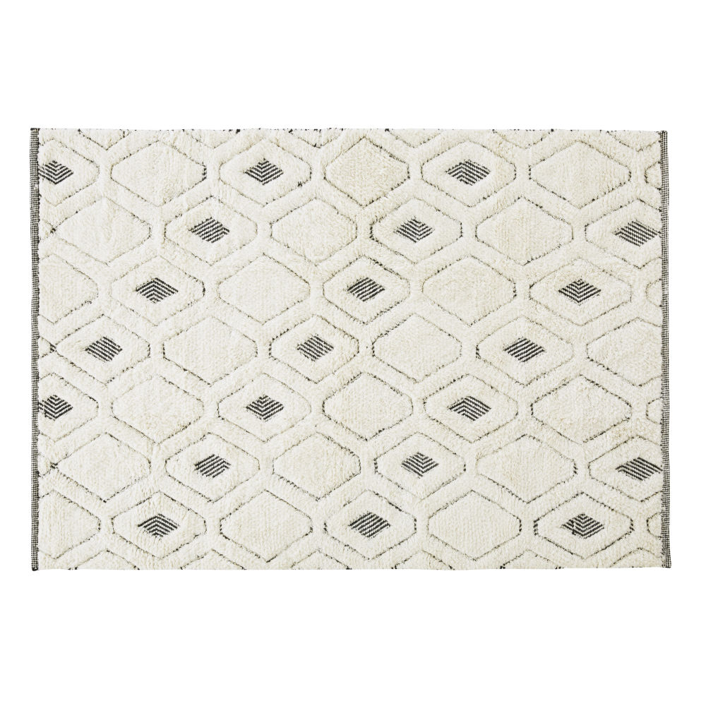 Tapis réversible en laine tissée motifs graphiques écrus et noirs 140x200 Tapis réversible en laine tissée motifs graphiques écrus et noirs 140x200