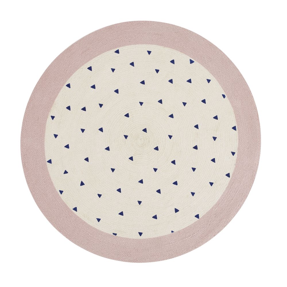 Tapis rond en coton beige, rose motifs triangles bleus D120