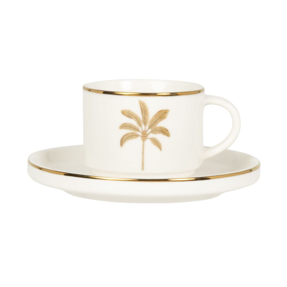 tasse à café et soucoupe en porcelaine blanche motif palmier doré et marron