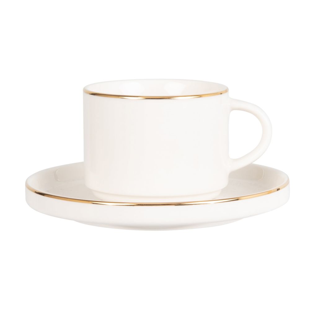 Tasse à thé et soucoupe en porcelaine blanche et dorée