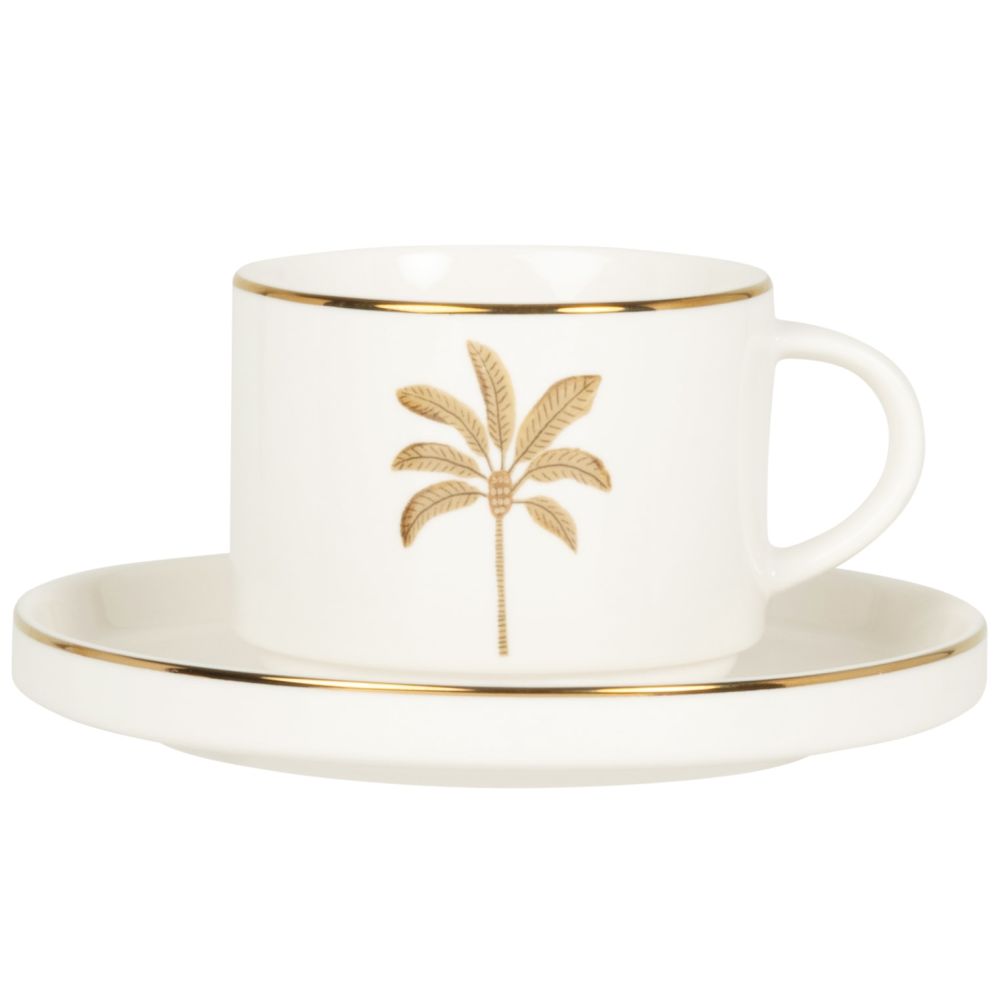 tasse à thé et soucoupe en porcelaine blanche motif palmier doré et marron
