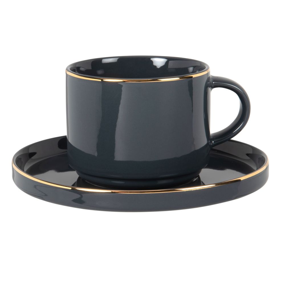 Tasse à thé et soucoupe en porcelaine grise et dorée Tasse à thé et soucoupe en porcelaine grise et dorée