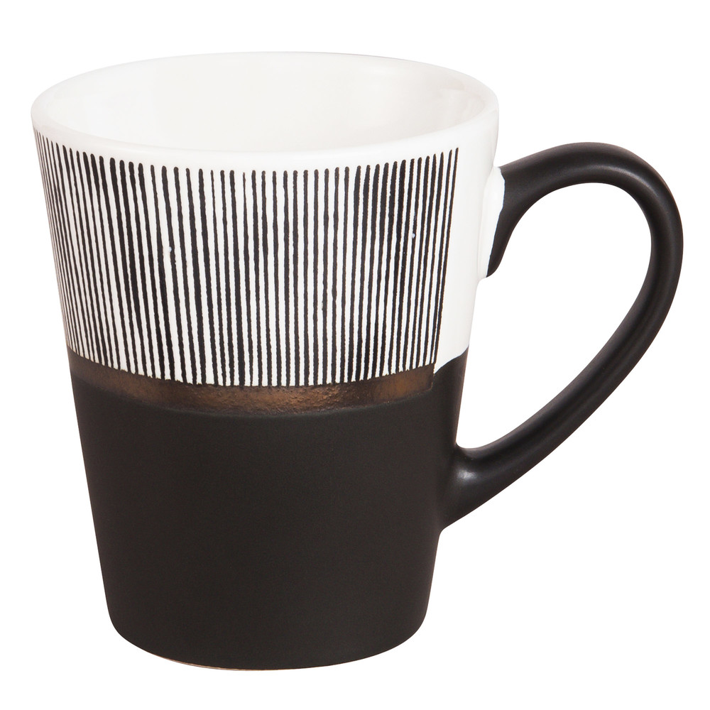 Tasse en faïence blanche et noire motifs à rayures