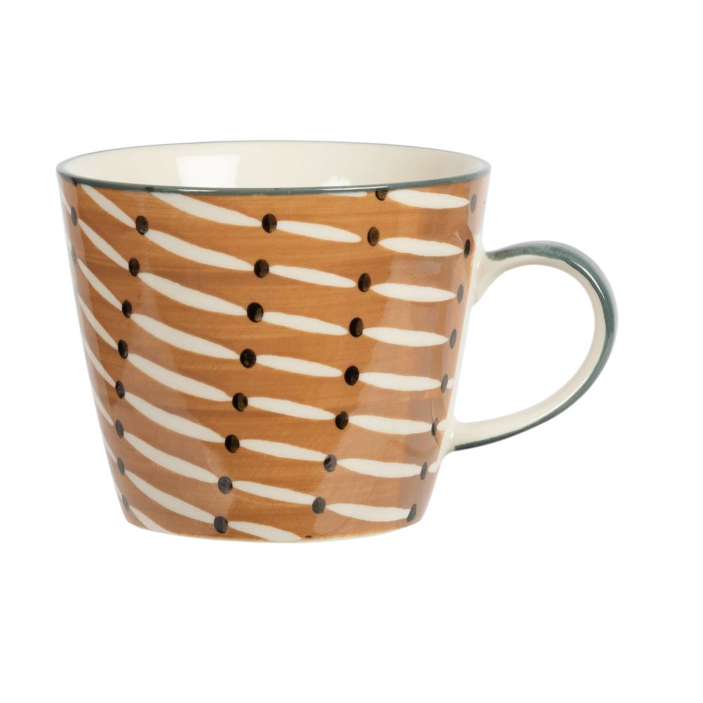 Tasse en faïence jaune moutarde, blanche et noire à motifs