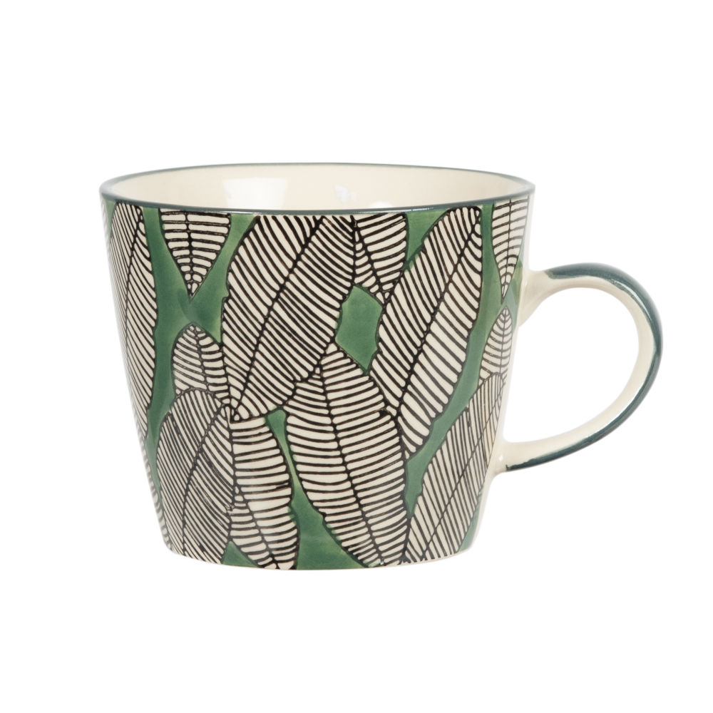 Tasse en faïence motif feuillage vert, noir et blanc