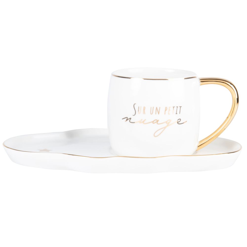 Tasse et soucoupe en porcelaine blanche et dorée