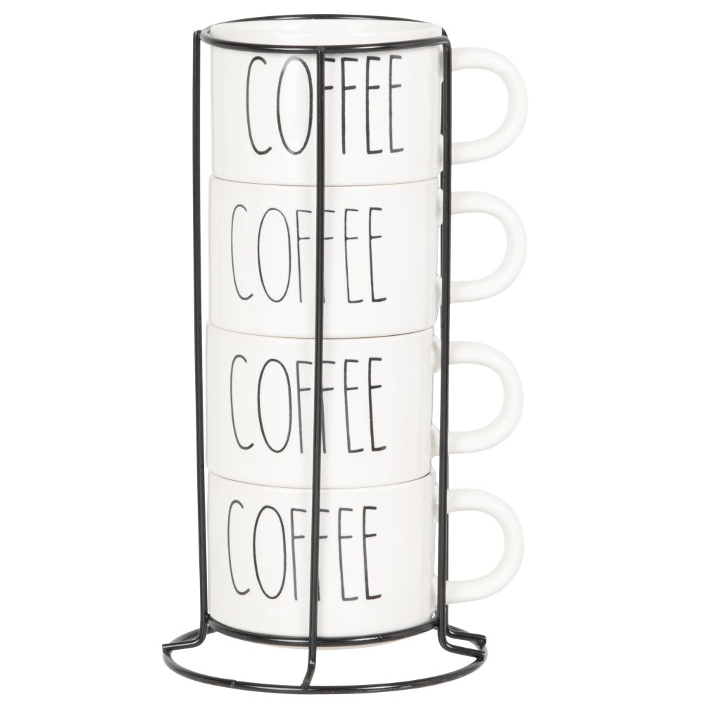 tasses à café en grès blanc et noir (x4) support en métal