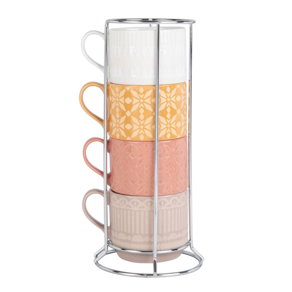 Tasses en faïence multicolore (x4) et support en métal (photo) Tasses en faïence multicolore (x4) et support en métal