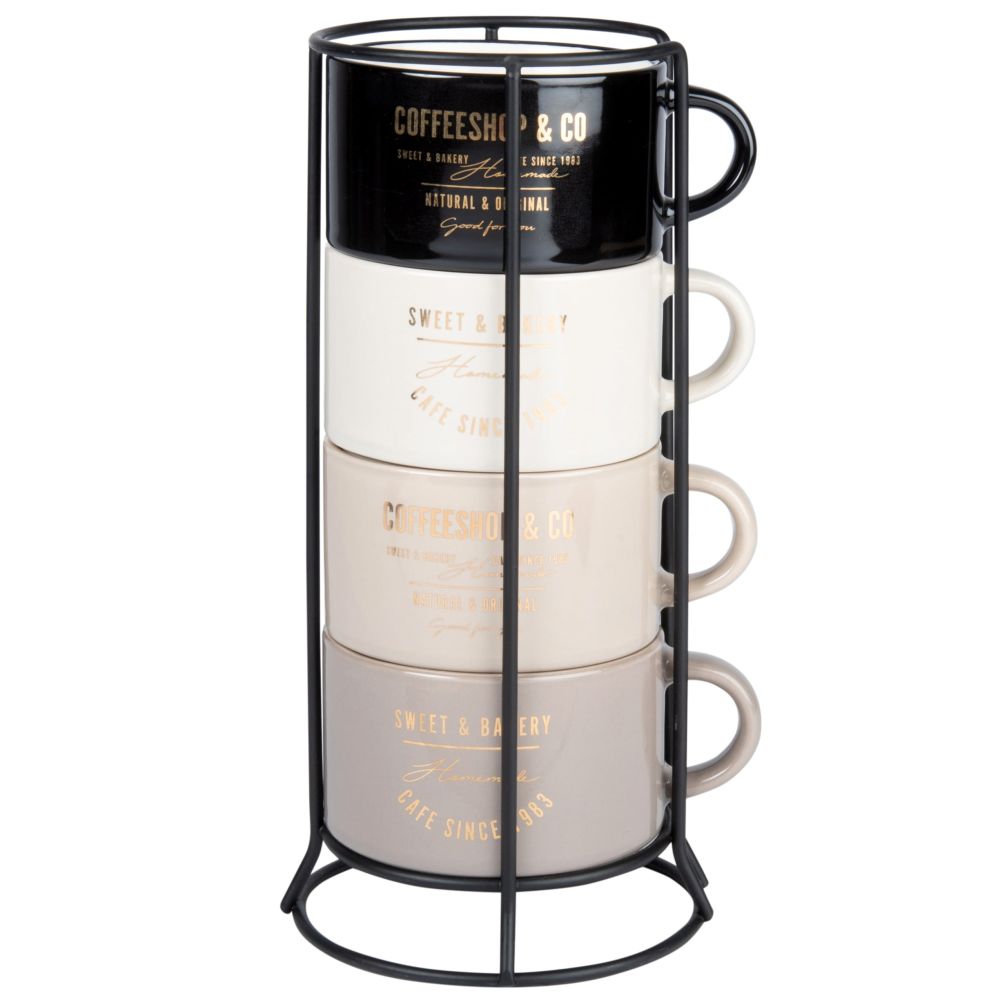Tasses en faïence noire, crème et beige (x4) et support en métal Tasses en faïence noire, crème et beige (x4) et support en métal