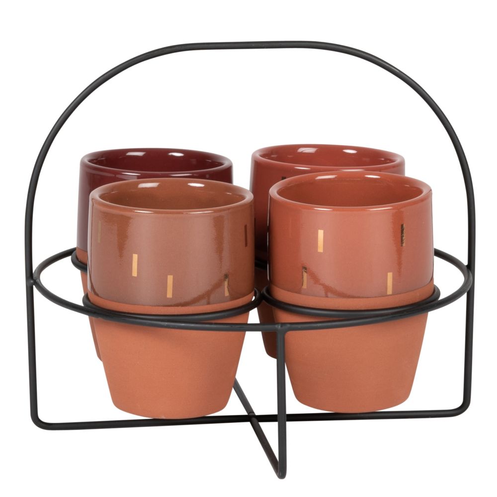 Tasses en grès beige, brique, marron et doré (x4) support en métal noir (photo) Tasses en grès beige, brique, marron et doré (x4) support en métal noir