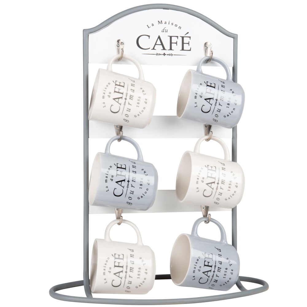 Tasses en porcelaine blanche et grise (x6) et support en métal