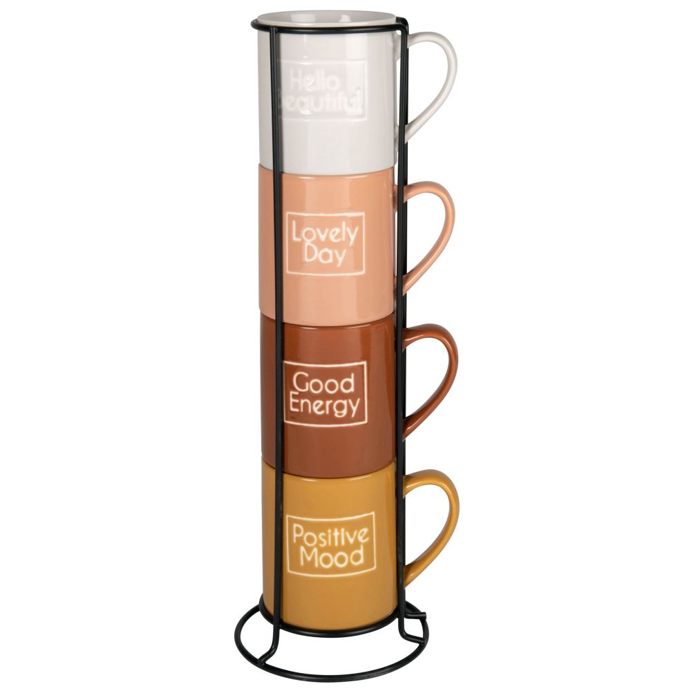 Tasses en porcelaine marron, jaune, rose et blanc (x4) avec support (photo) Tasses en porcelaine marron, jaune, rose et blanc (x4) avec support
