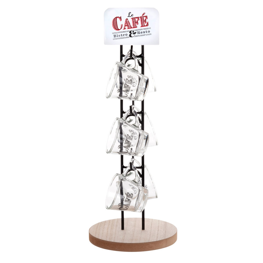 Tasses en verre imprimé (x6) et support en métal et pin (photo) Tasses en verre imprimé (x6) et support en métal et pin