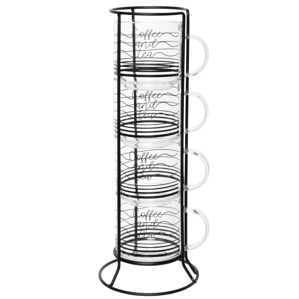 Tasses en verre (x4) et support en métal noir (photo) Tasses en verre (x4) et support en métal noir
