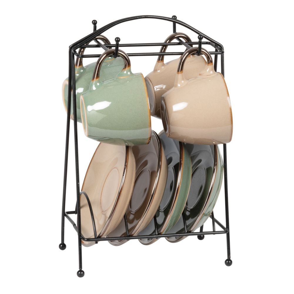 Tasses et soucoupes en grès vert et marron (x4) et support (photo) Tasses et soucoupes en grès vert et marron (x4) et support