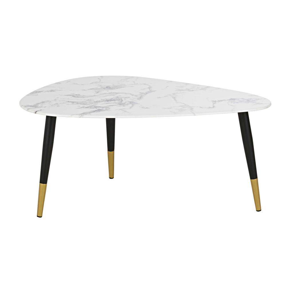 Tavolino basso in vetro effetto marmo bianco e metallo color ottone e nero