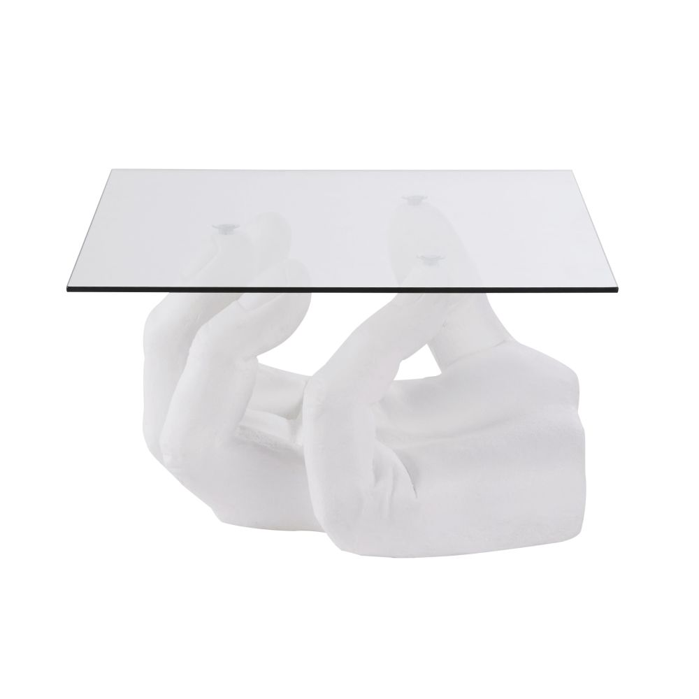 Tavolino da salotto in vetro con mano in magnesite bianca