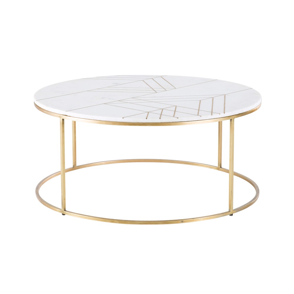 Tavolino da salotto rotondo in marmo bianco e ferro dorato