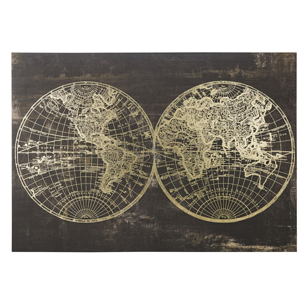 Toile imprimé carte du monde noire et dorée 130x90
