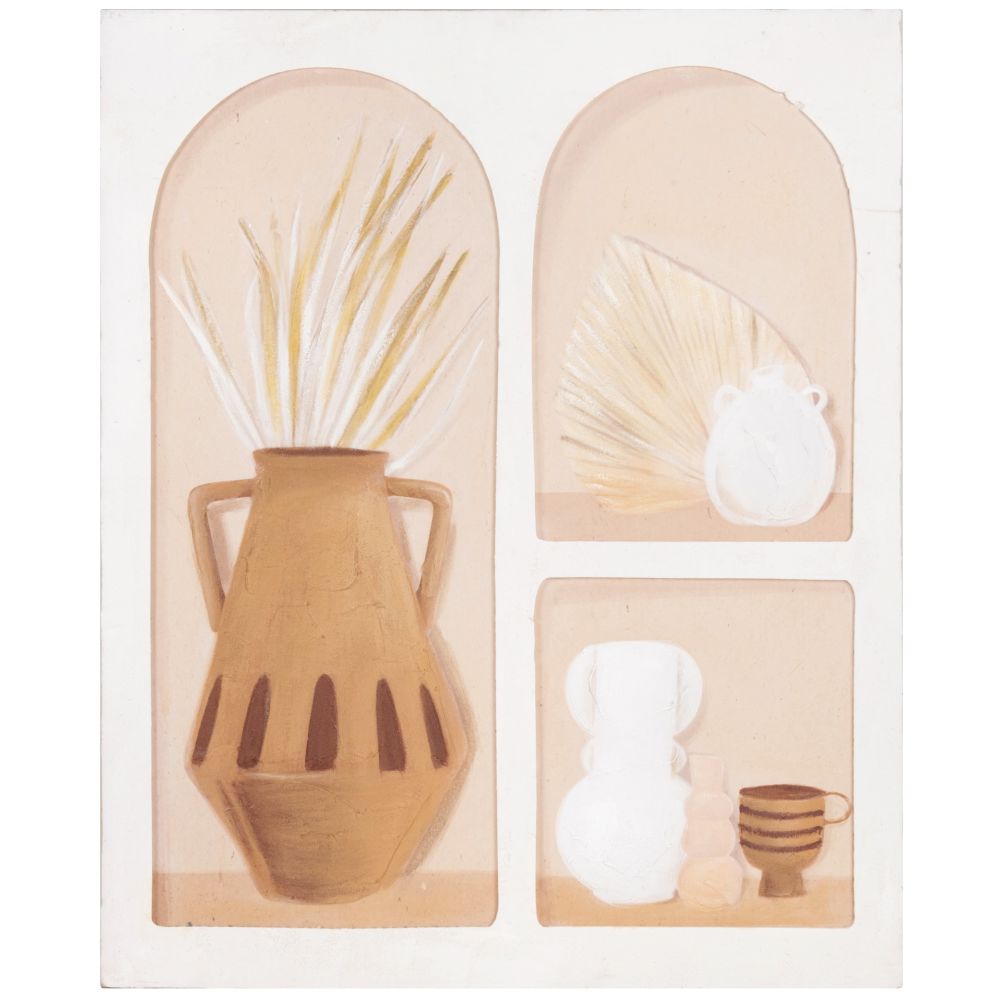 Toile imprimée et peinte vases beiges, écrus et marron 66x80