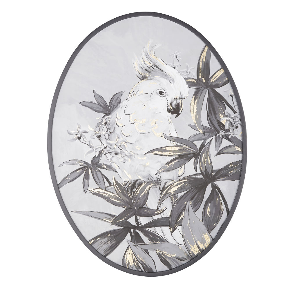 Toile ovale imprimé perroquet gris, noir et blanc 60x80