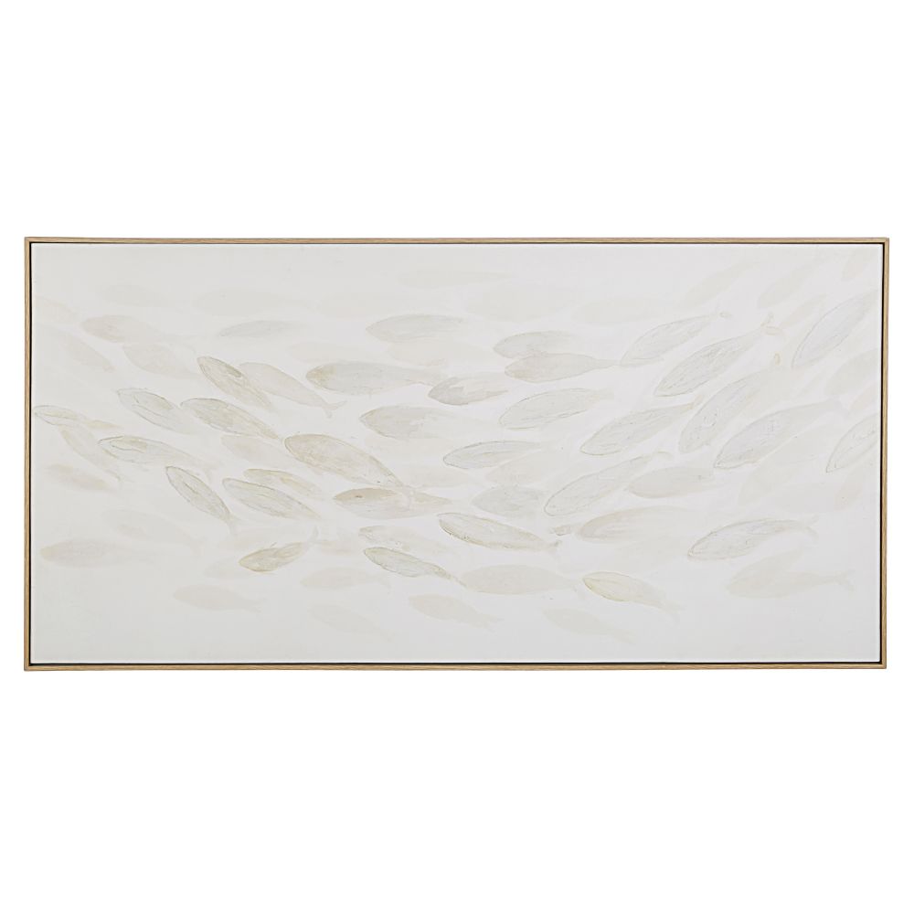 Toile peinte banc de poissons blanc et beige 142x72