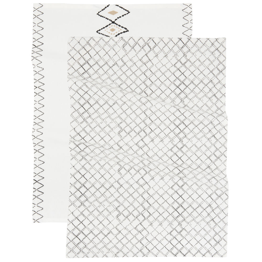Torchons en coton tissé imprimé blanc, noir et beige (x2) Torchons en coton tissé imprimé blanc, noir et beige (x2)