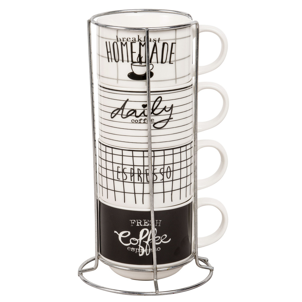Tour 4 tasses en faïence noire et blanche Tour 4 tasses en faïence noire et blanche
